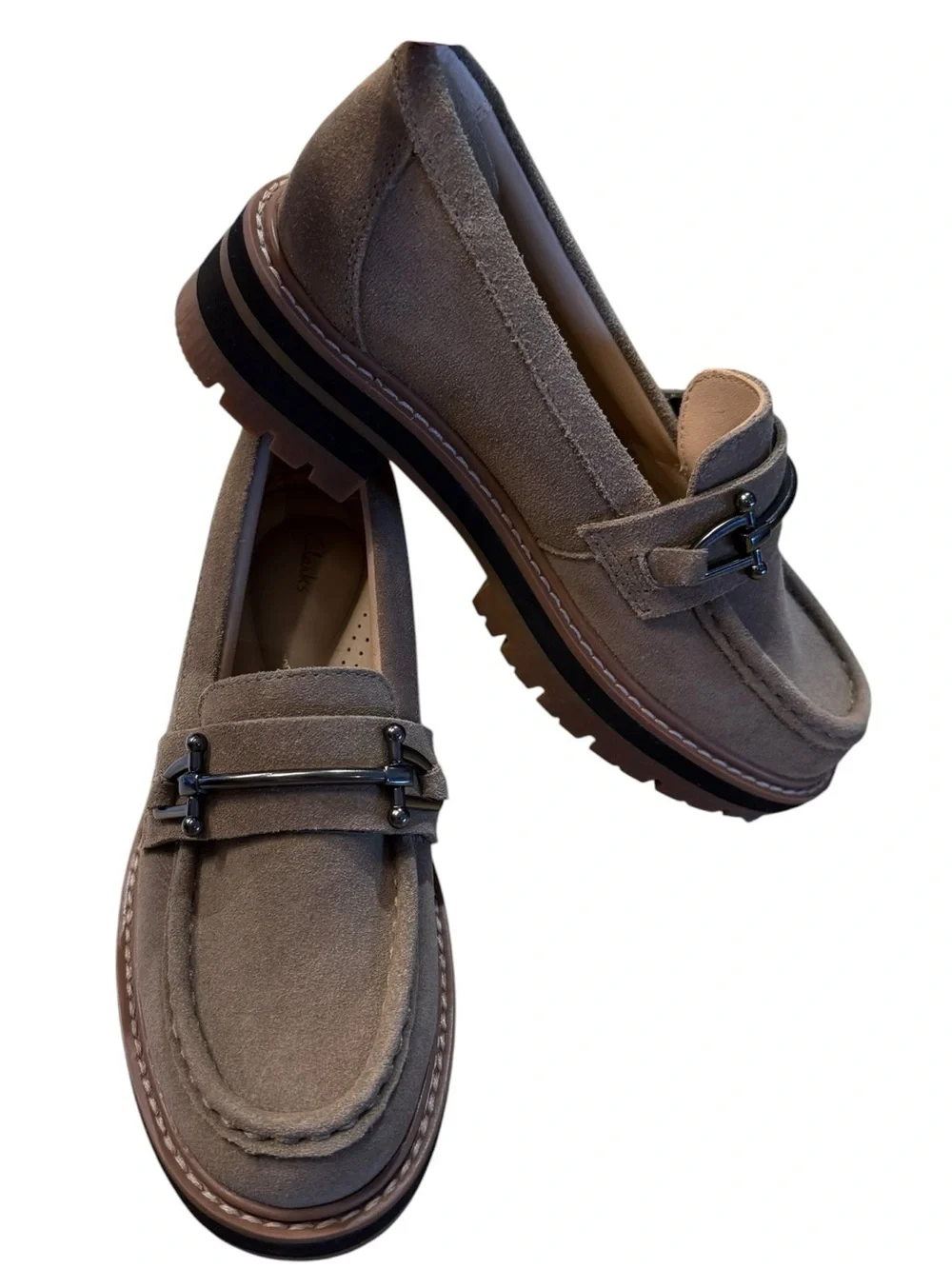 Clark’s Taupe Suede Women's Size 6 Lug Sole Loafers with Metal Bit